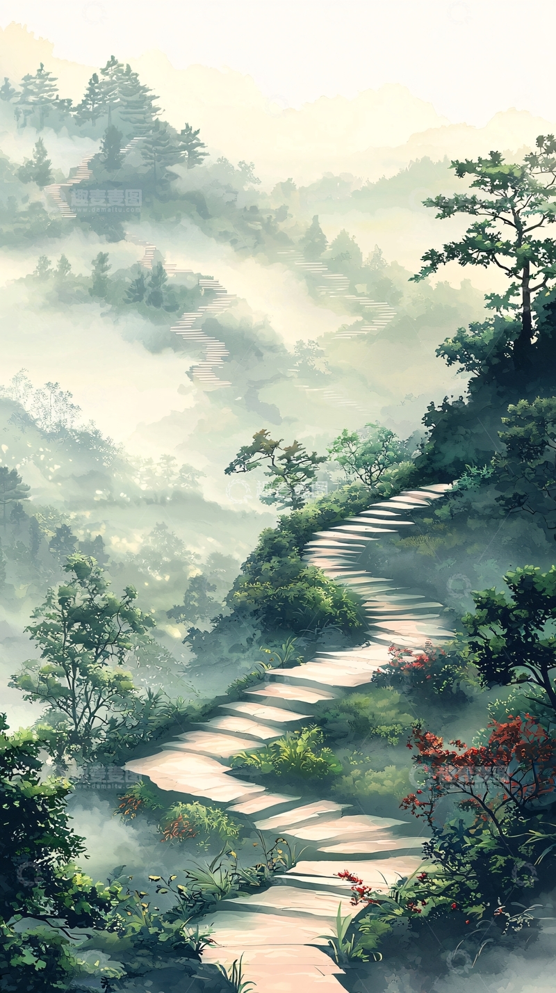 高清大图下载【趣麦麦图】山间雾气缭绕石阶小路