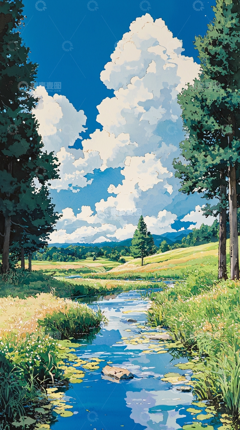 高清大图下载【趣麦麦图】夏日田园溪流风景画