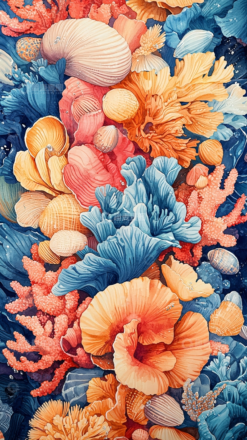 高清大图下载【趣麦麦图】海洋生物水彩抽象背景
