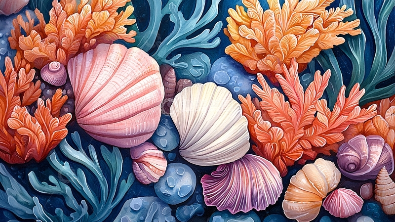 高清大图下载【趣麦麦图】彩色水彩风格海螺珊瑚