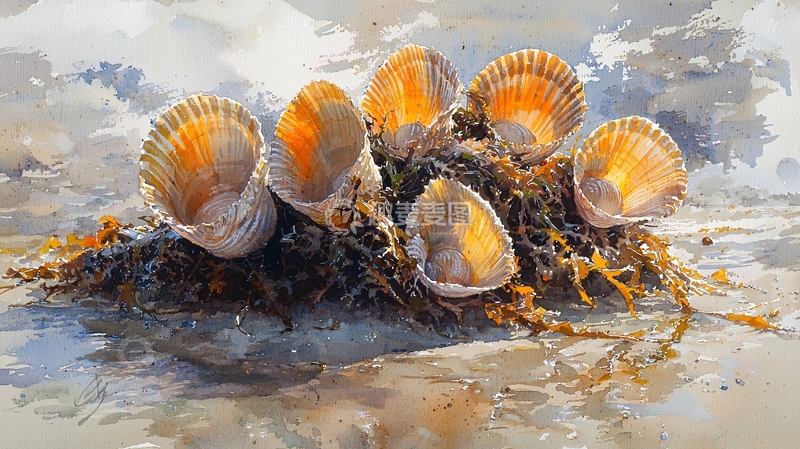 高清大图下载【趣麦麦图】海滩上的扇贝水彩画