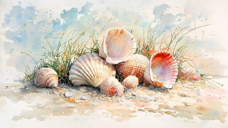 高清大图下载【趣麦麦图】水彩风格的贝壳沙滩
