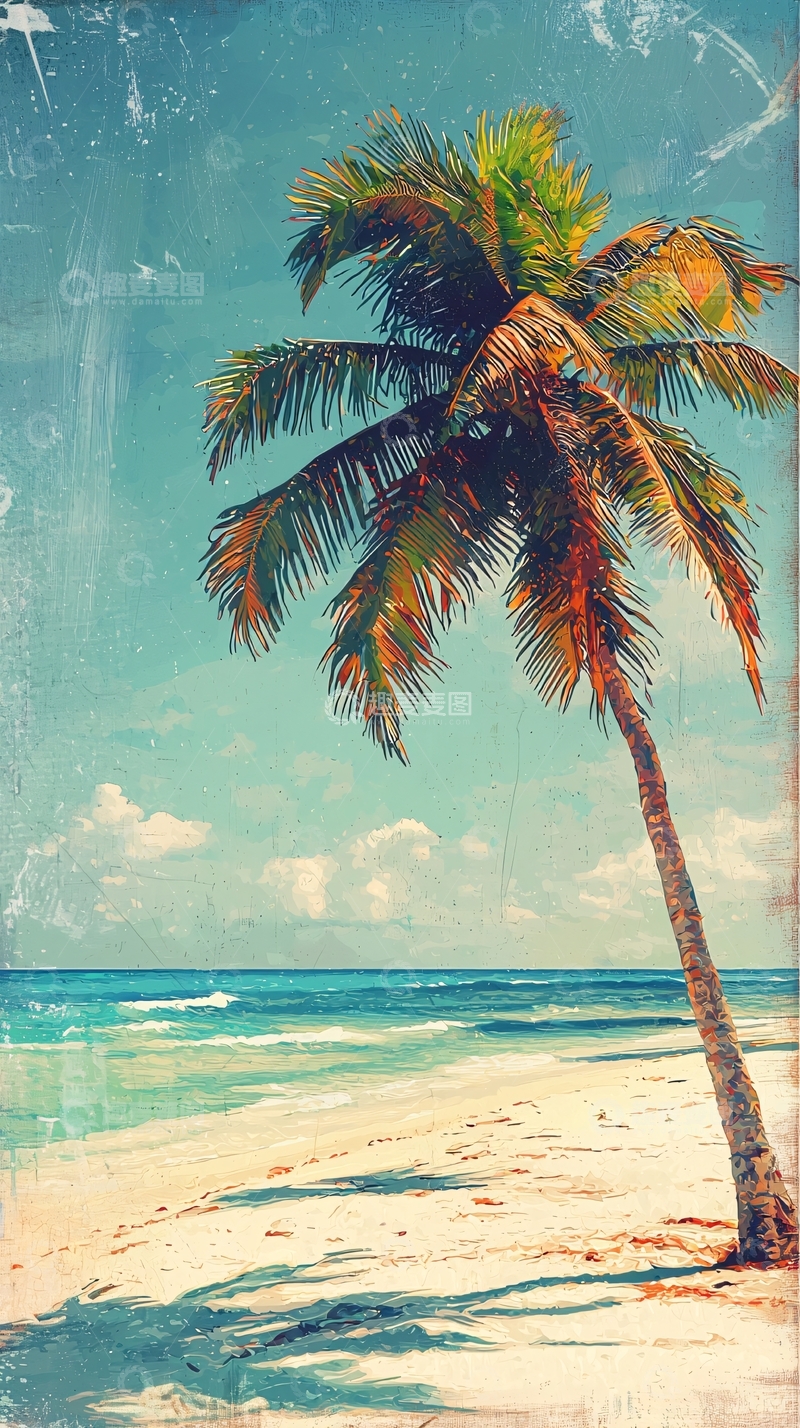 高清大图下载【趣麦麦图】复古海滩椰树风景