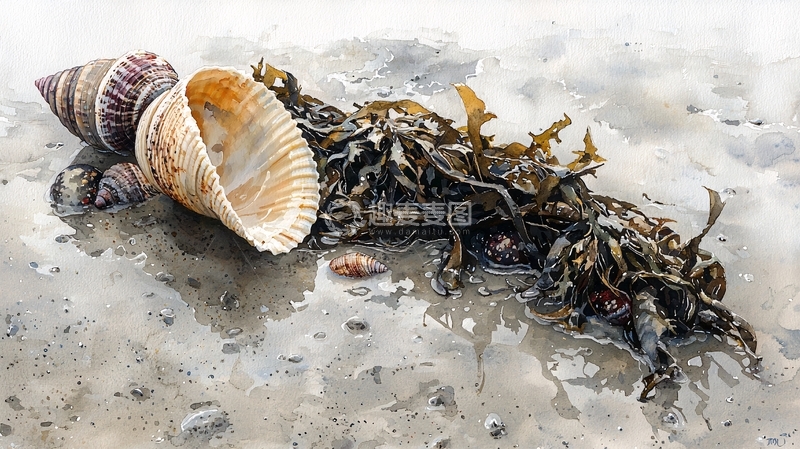 高清大图下载【趣麦麦图】海滩上的贝壳和海藻