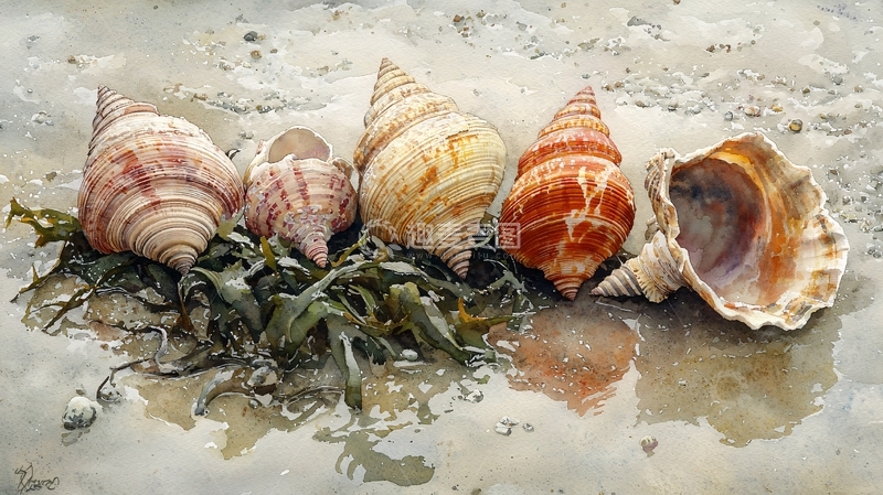 高清大图下载【趣麦麦图】海滩上的五只海螺