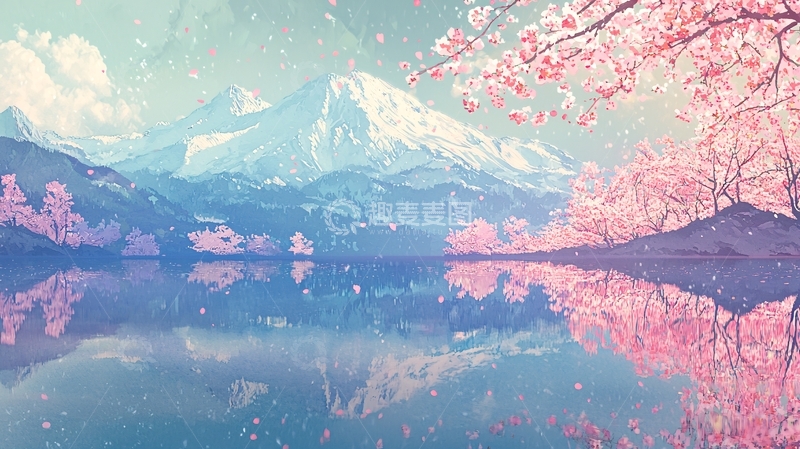高清大图下载【趣麦麦图】粉色樱花雪山湖泊倒影