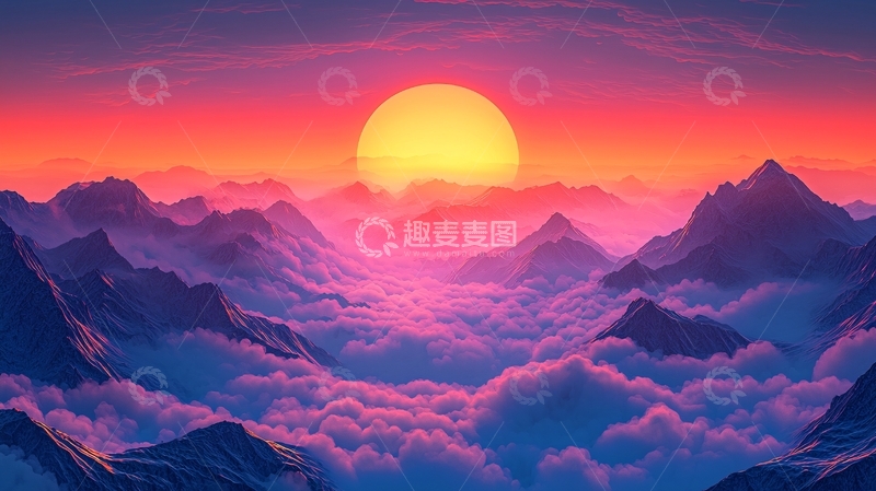 高清大图下载【趣麦麦图】日落时分云雾缭绕的山峰