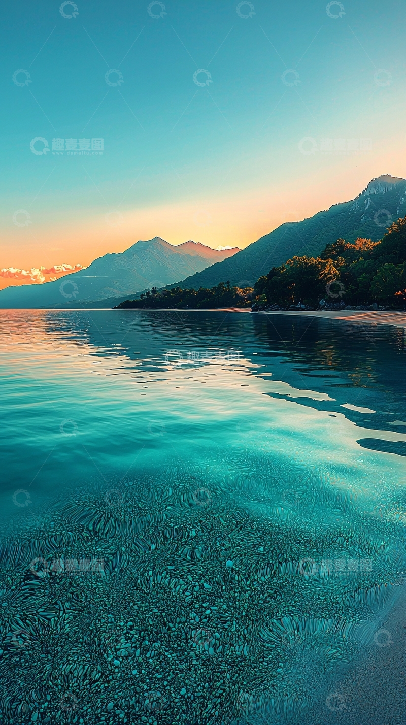 高清大图下载【趣麦麦图】平静海面映衬山脉日落