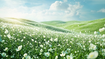 阳光下白花盛开的绿坡