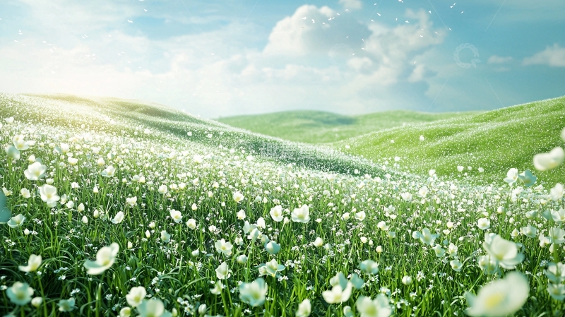高清大图下载【趣麦麦图】阳光下白花盛开的绿坡