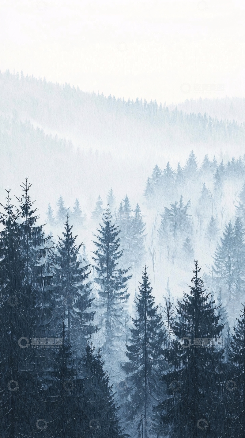 高清大图下载【趣麦麦图】雾气缭绕的蓝色森林