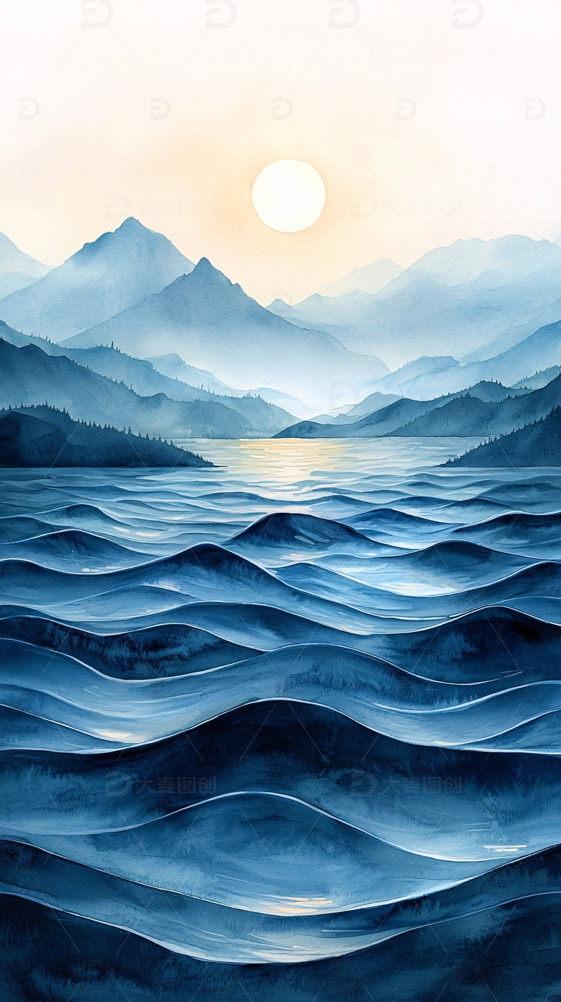 清晨宁静海面山峦日出