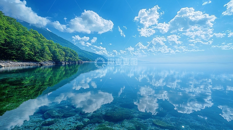 高清大图下载【趣麦麦图】宁静湖面上的蓝天白云