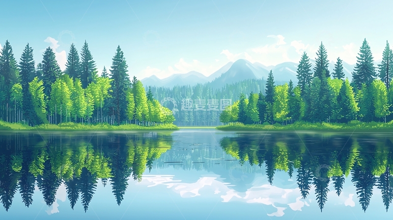 高清大图下载【趣麦麦图】宁静的湖面森林倒影