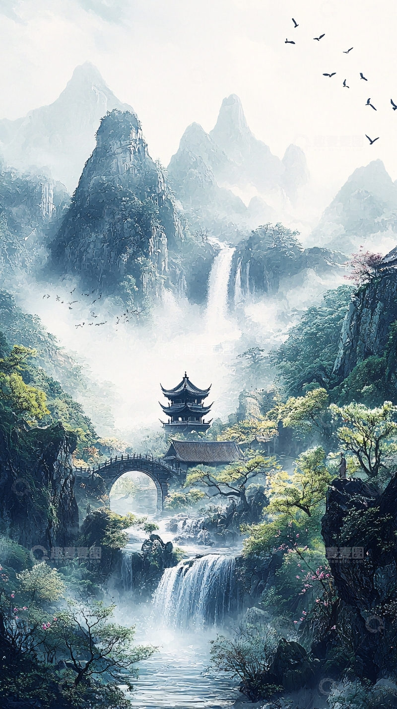 高清大图下载【趣麦麦图】水墨风山水画风唯美景色