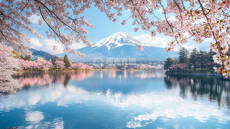 高清大图下载【趣麦麦图】富士山樱花湖泊倒影