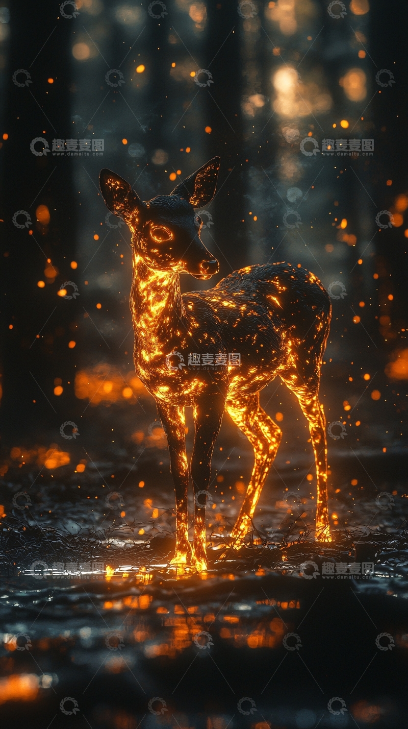 高清大图下载【趣麦麦图】森林中闪耀的火焰小鹿