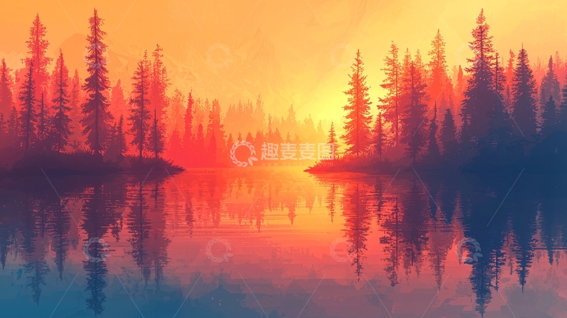 高清大图下载【趣麦麦图】日落森林湖泊倒影
