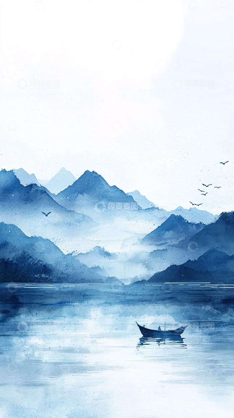 高清大图下载【趣麦麦图】水墨山水扁舟水鸟中国风