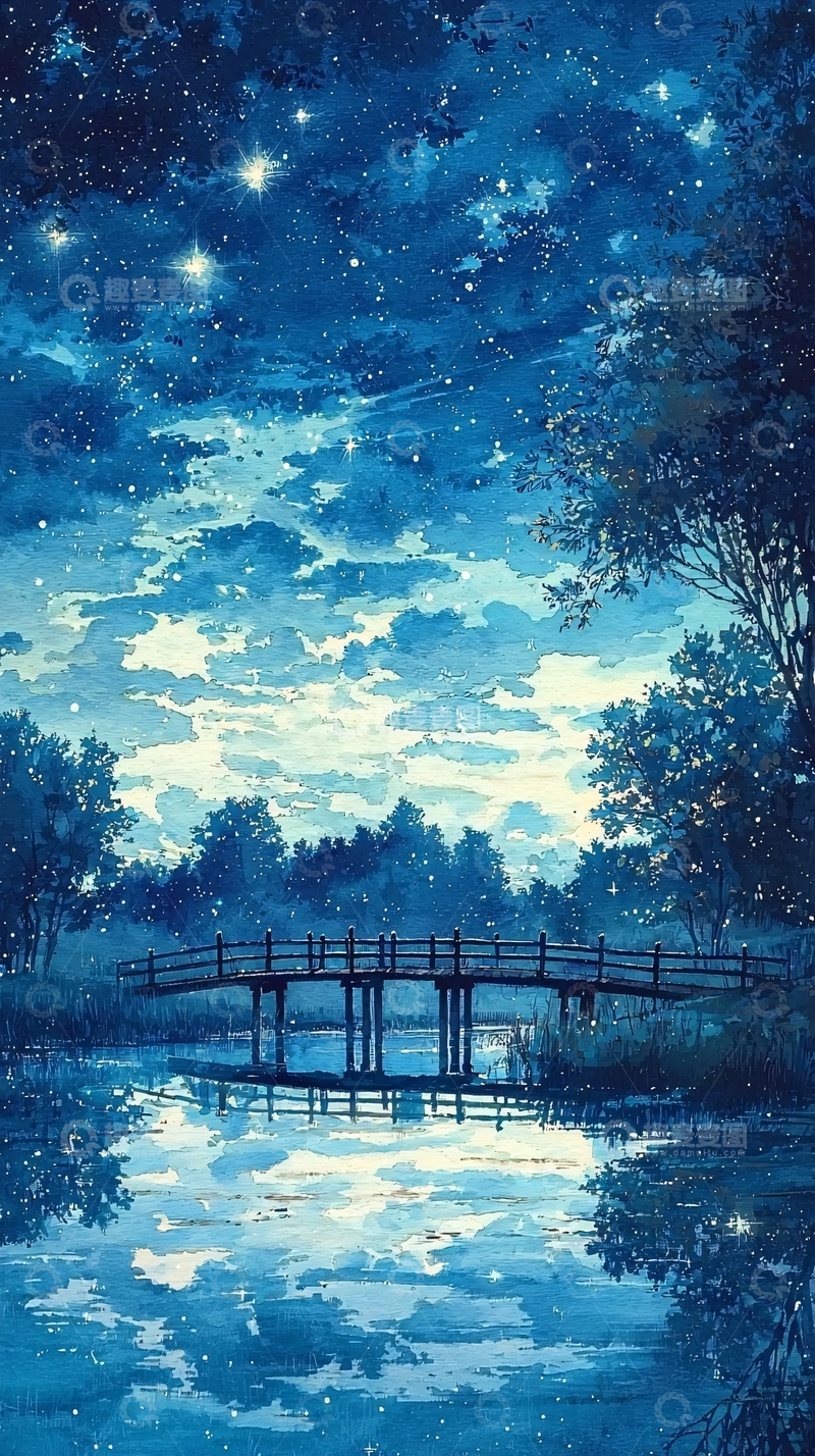 高清大图下载【趣麦麦图】蓝色星空下的木桥