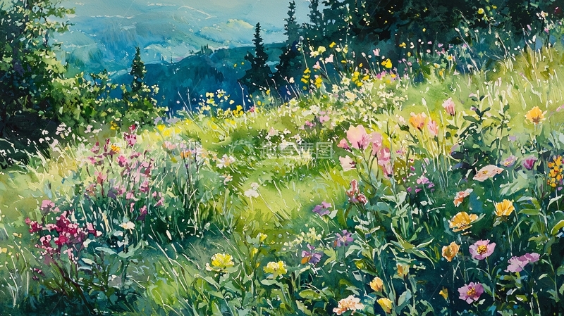 高清大图下载【趣麦麦图】山顶野花盛开的草地