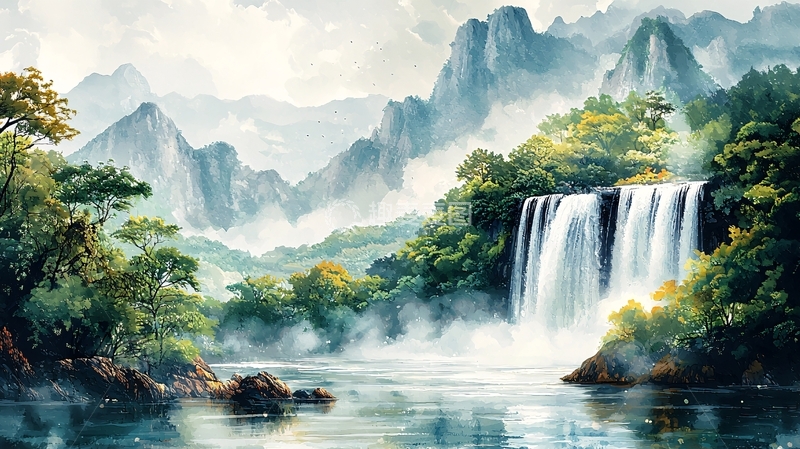 高清大图下载【趣麦麦图】山水瀑布绿树