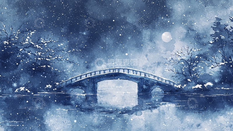 高清大图下载【趣麦麦图】水墨画雪夜桥