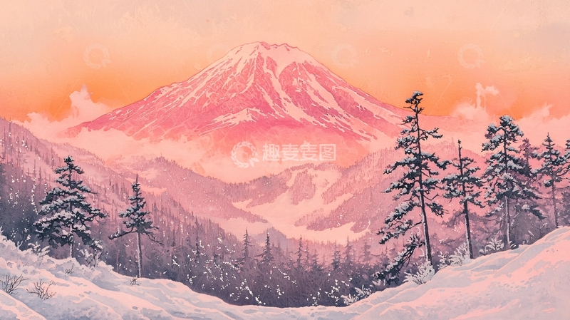 高清大图下载【趣麦麦图】粉红色的雪山日落
