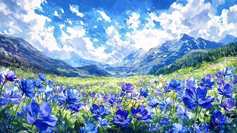 高清大图下载【趣麦麦图】蓝天白云下的紫色花海