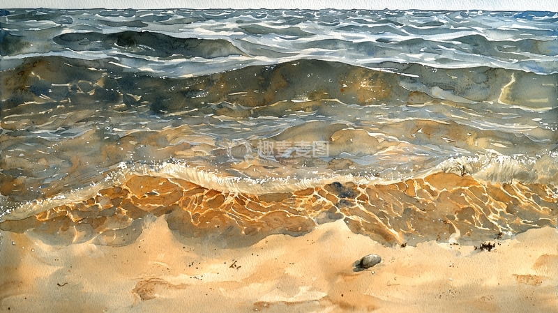 高清大图下载【趣麦麦图】海浪拍打沙滩的平静水彩画