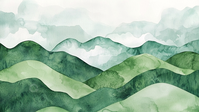 高清大图下载【趣麦麦图】水彩绿山