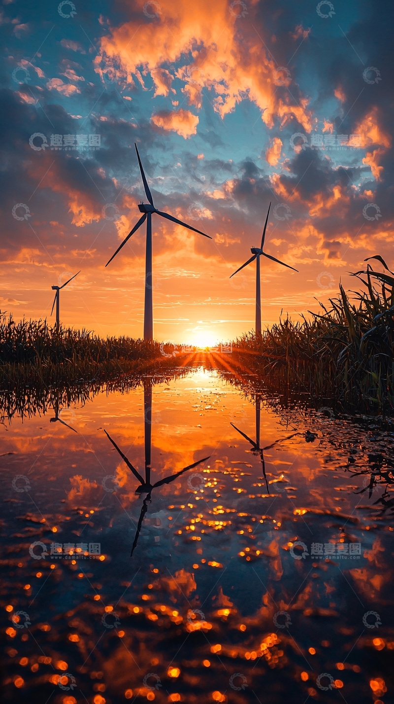 高清大图下载【趣麦麦图】日落风力发电机倒影