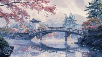 雾气朦胧的日式庭院