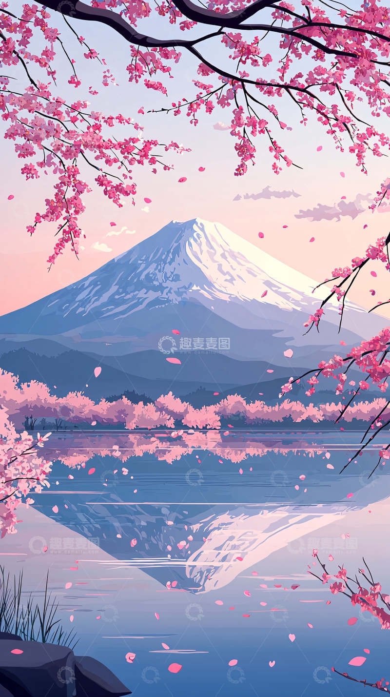 高清大图下载【趣麦麦图】富士山樱花湖泊