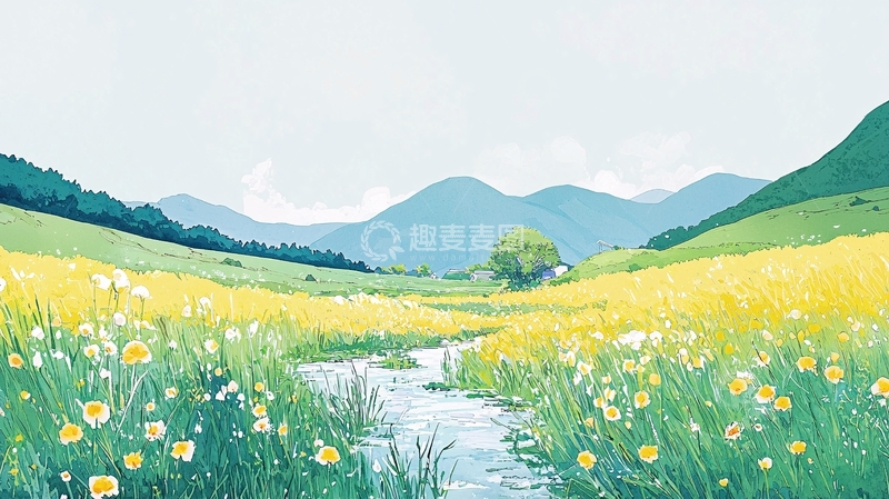 高清大图下载【趣麦麦图】山间小溪旁的黄色花田