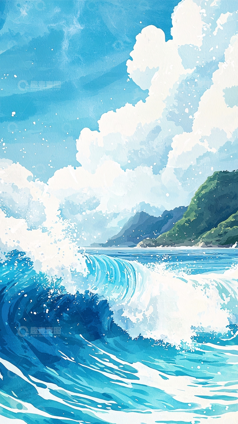 高清大图下载【趣麦麦图】蓝色大海波浪白云