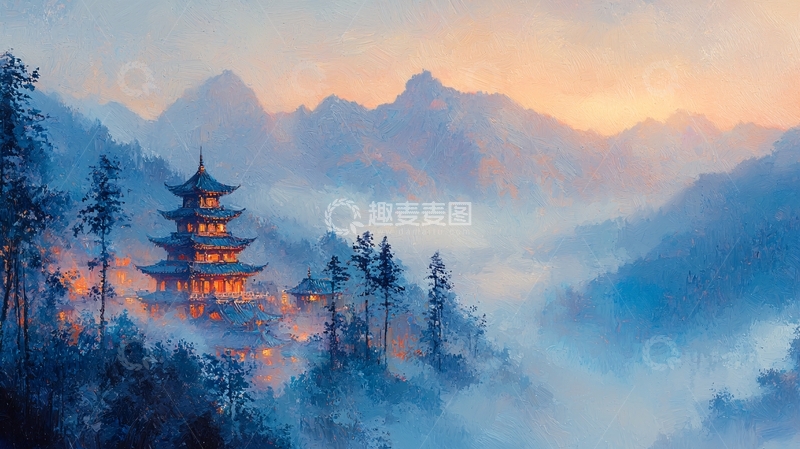高清大图下载【趣麦麦图】山间寺庙的朦胧意境