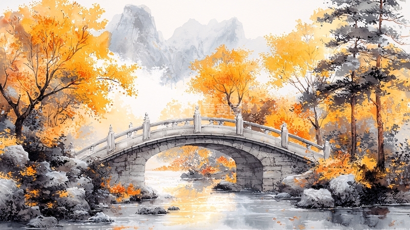 高清大图下载【趣麦麦图】水墨风格秋季桥梁景色