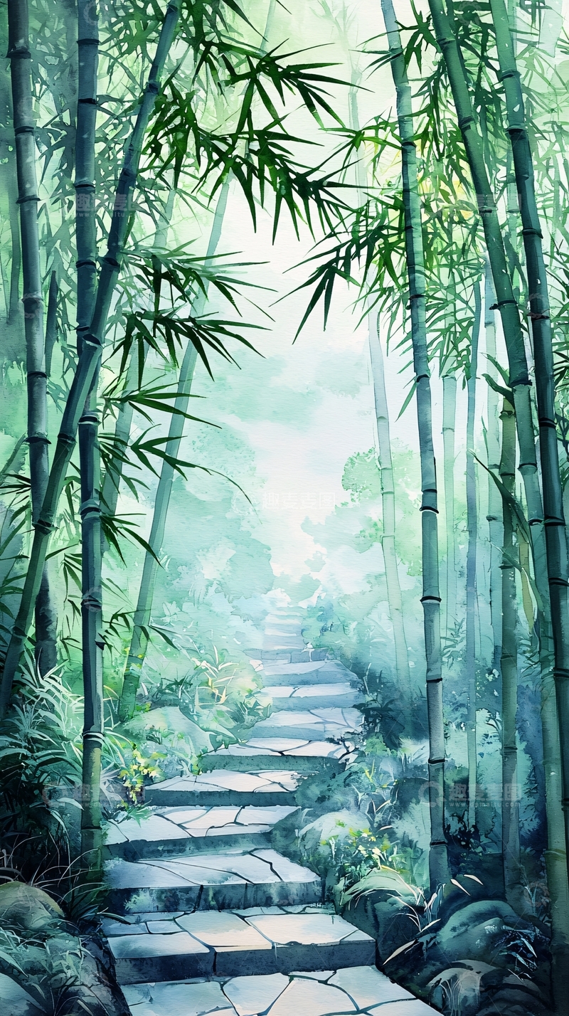高清大图下载【趣麦麦图】水墨竹林小径