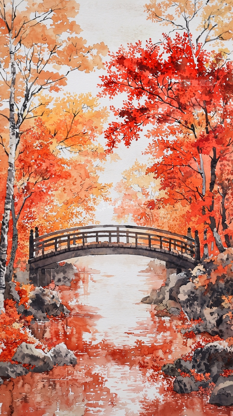 高清大图下载【趣麦麦图】秋日红叶小桥流水