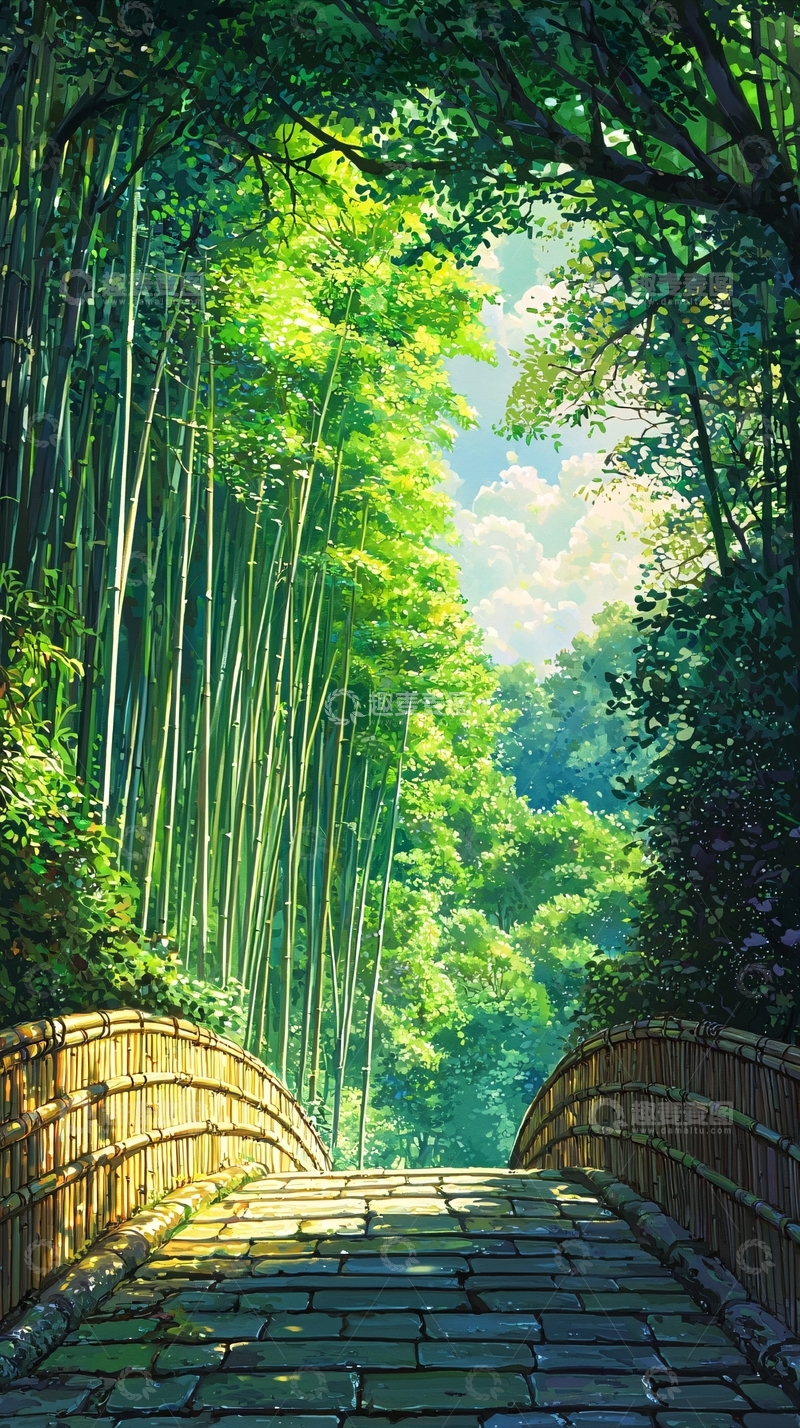 高清大图下载【趣麦麦图】绿意盎然的竹林小桥