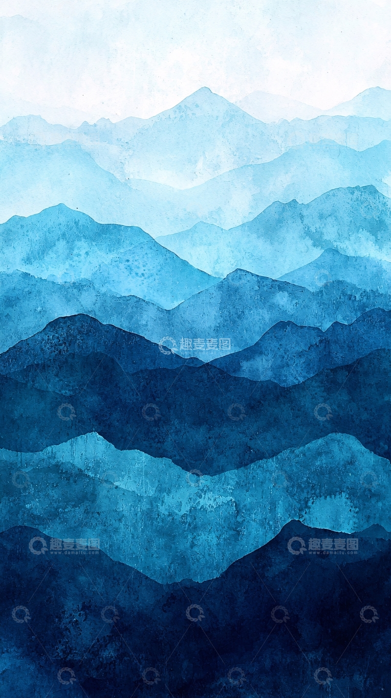 高清大图下载【趣麦麦图】水彩蓝色山脉风景画