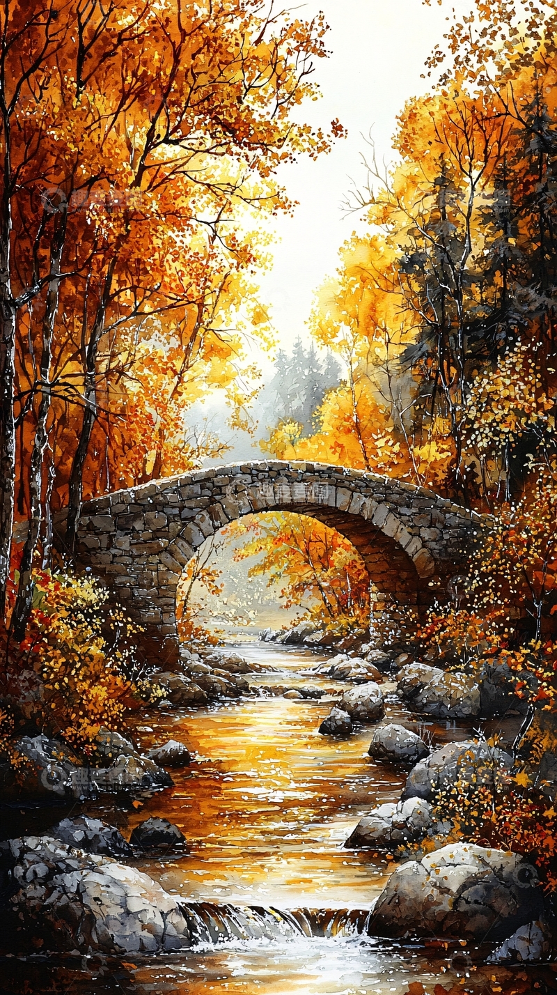 高清大图下载【趣麦麦图】秋日石桥流水