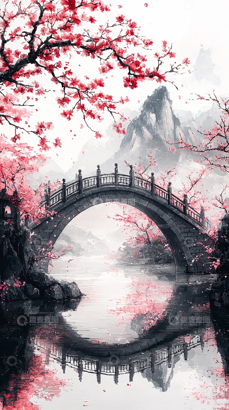 高清大图下载【趣麦麦图】水墨风樱花桥