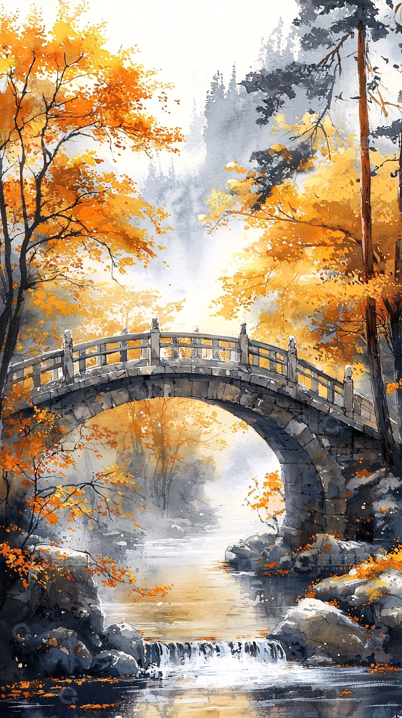 高清大图下载【趣麦麦图】秋日石桥流水风景如画