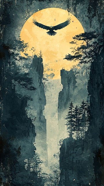 月光下峡谷飞翔的鹰