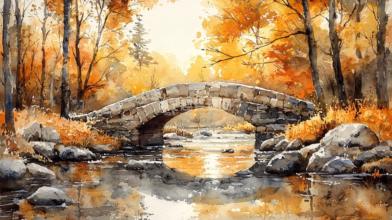 高清大图下载【趣麦麦图】秋日水面倒影石桥美景