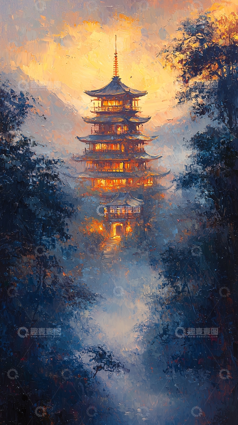 高清大图下载【趣麦麦图】日落山间古塔