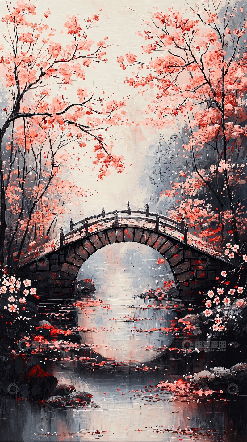 高清大图下载【趣麦麦图】樱花桥梁水面倒影风景