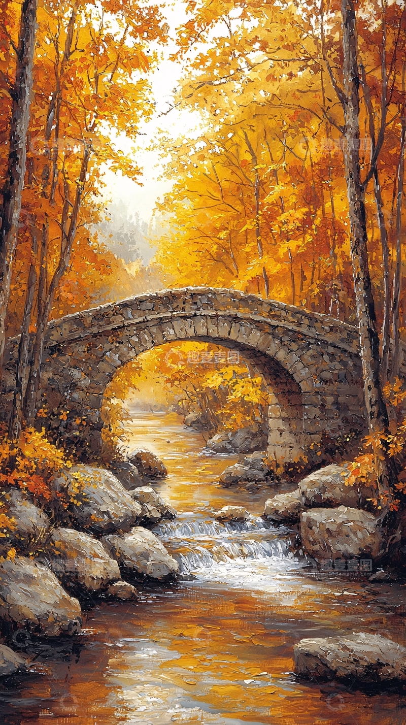 高清大图下载【趣麦麦图】秋日石桥流水美景